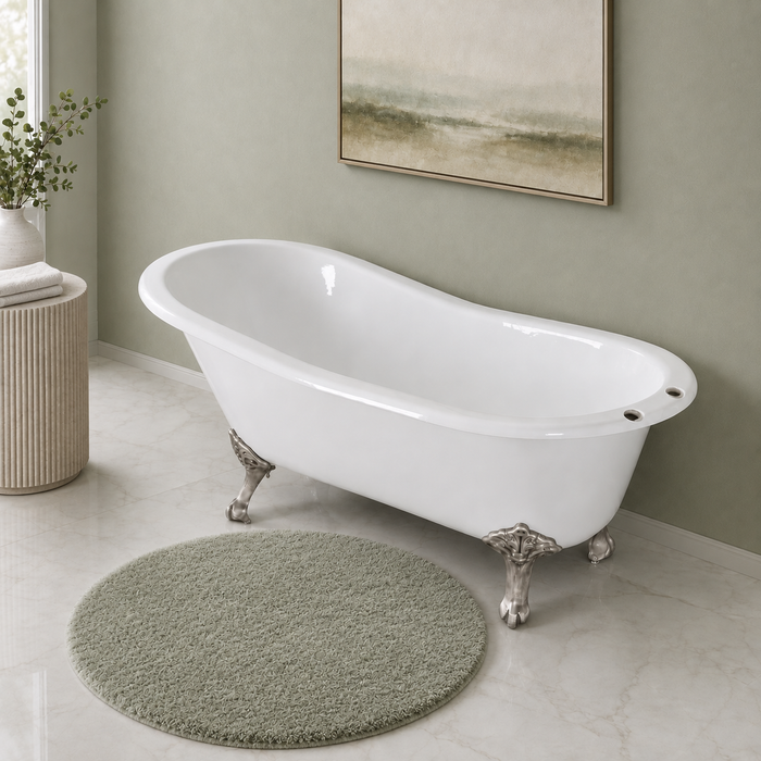 Kingston Heirloom VCT7D5431B8 - Tazatina 54-Inch Cast Iron Oval Single Slipper Clawfoot Tub (7-Inch Faucet Drillings), White/Brushed Nickel