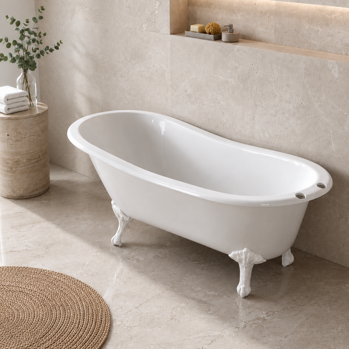 Kingston Heirloom VCT7D5431BW - Tazatina 54-Inch Cast Iron Oval Single Slipper Clawfoot Tub (7-Inch Faucet Drillings), White/White