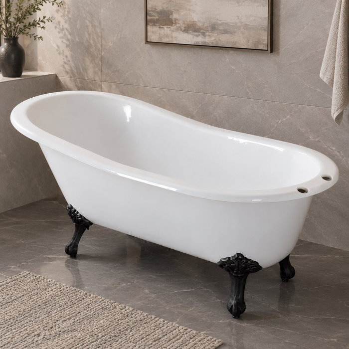 Kingston Heirloom VCT7D5731B0 - Tazatina 57-Inch Cast Iron Oval Single Slipper Clawfoot Tub (7-Inch Faucet Drillings), White/Matte Black