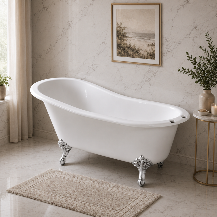 Kingston Heirloom VCT7D5731B1 - Tazatina 57-Inch Cast Iron Oval Single Slipper Clawfoot Tub (7-Inch Faucet Drillings), White/Polished Chrome