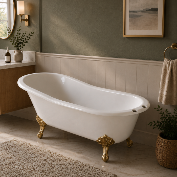 Kingston Heirloom VCT7D5731B2 - Tazatina 57-Inch Cast Iron Oval Single Slipper Clawfoot Tub (7-Inch Faucet Drillings), White/Polished Brass