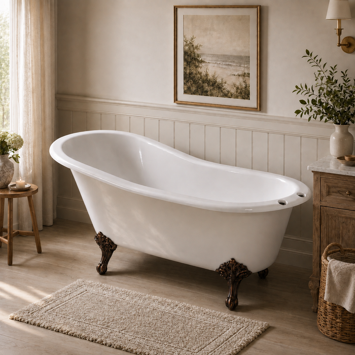 Kingston Heirloom VCT7D5731B5 - Tazatina 57-Inch Cast Iron Oval Single Slipper Clawfoot Tub (7-Inch Faucet Drillings), White/Oil Rubbed Bronze