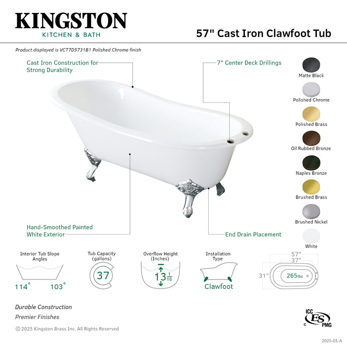 Kingston Heirloom VCT7D5731B6 - Tazatina 57-Inch Cast Iron Oval Single Slipper Clawfoot Tub (7-Inch Faucet Drillings), White/Naples Bronze