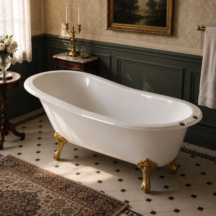 Kingston Heirloom VCT7D5731B7 - Tazatina 57-Inch Cast Iron Oval Single Slipper Clawfoot Tub (7-Inch Faucet Drillings), White/Brushed Brass