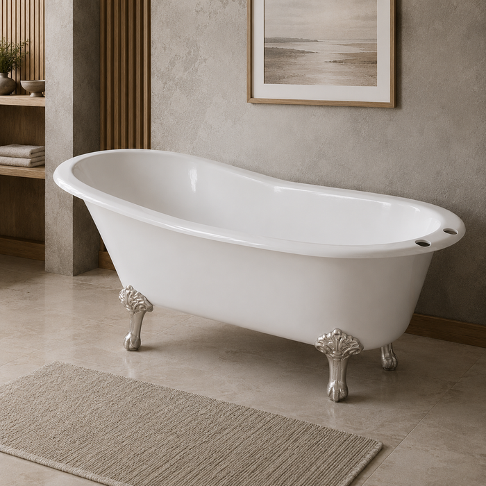Kingston Heirloom VCT7D5731B8 - Tazatina 57-Inch Cast Iron Oval Single Slipper Clawfoot Tub (7-Inch Faucet Drillings), White/Brushed Nickel