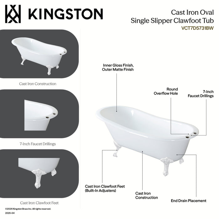 Kingston Heirloom VCT7D5731BW - Tazatina 57-Inch Cast Iron Oval Single Slipper Clawfoot Tub (7-Inch Faucet Drillings), White/White