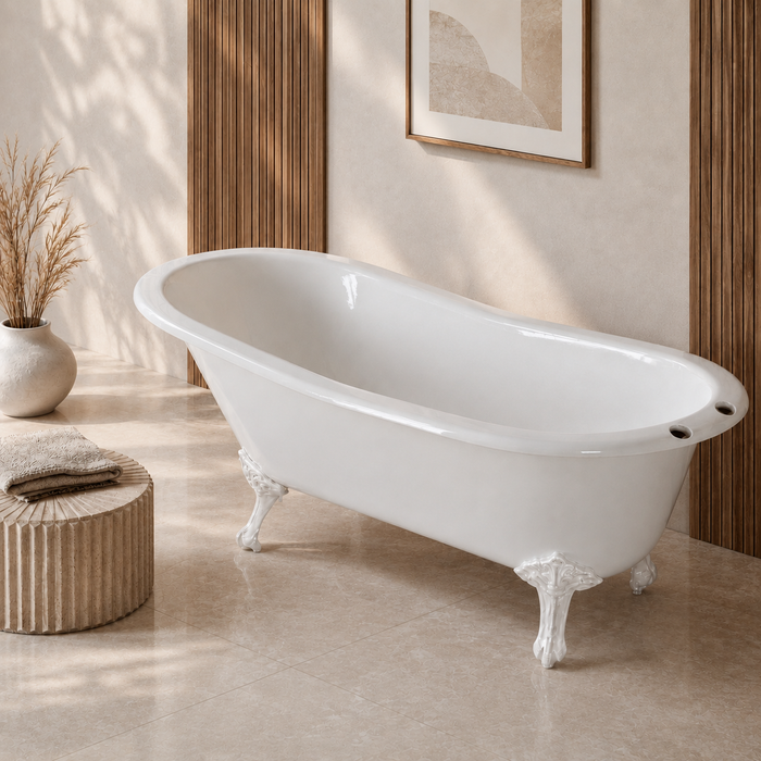Kingston Heirloom VCT7D5731BW - Tazatina 57-Inch Cast Iron Oval Single Slipper Clawfoot Tub (7-Inch Faucet Drillings), White/White