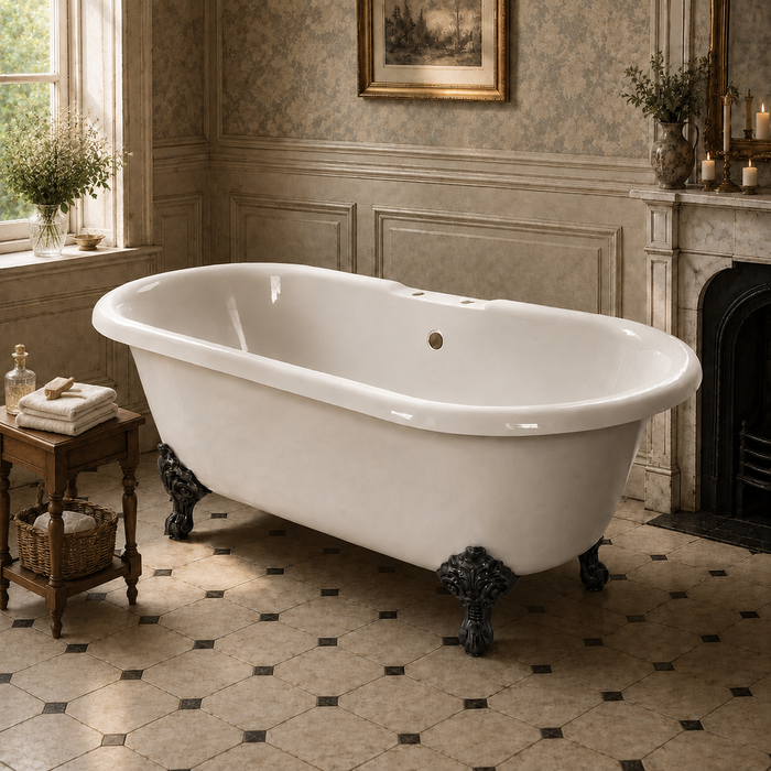 Kingston Heirloom VCT7D603017NB0 - Aqua Eden 60-Inch Cast Iron Oval Double Ended Clawfoot Tub (7-Inch Faucet Drillings), White/Matte Black