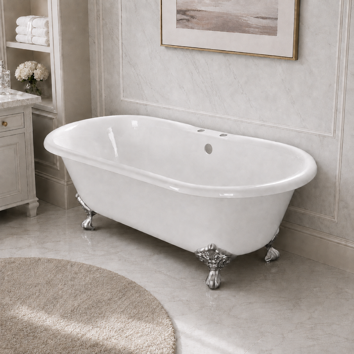 Kingston Heirloom VCT7D603017NB1 - Aqua Eden 60-Inch Cast Iron Oval Double Ended Clawfoot Tub (7-Inch Faucet Drillings), White/Polished Chrome