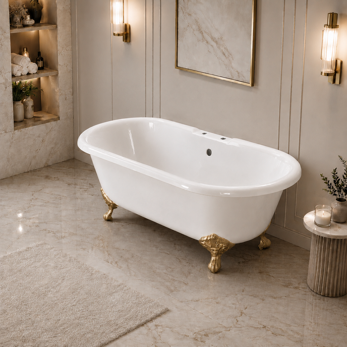 Kingston Heirloom VCT7D603017NB7 - Aqua Eden 60-Inch Cast Iron Oval Double Ended Clawfoot Tub (7-Inch Faucet Drillings), White/Brushed Brass