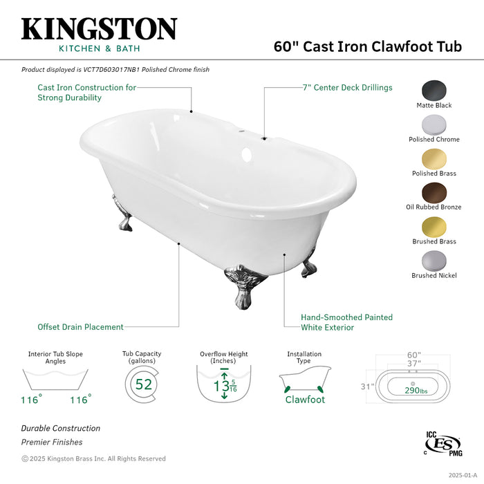 Aqua Eden VCT7D603017NB7 60-Inch Cast Iron Oval Double Ended Clawfoot Tub (7-Inch Faucet Drillings), White/Brushed Brass
