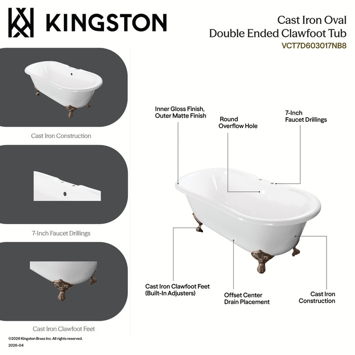 Kingston Heirloom VCT7D603017NB8 - Aqua Eden 60-Inch Cast Iron Oval Double Ended Clawfoot Tub (7-Inch Faucet Drillings), White/Brushed Nickel