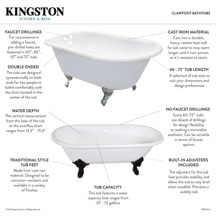 Kingston Heirloom VCT7D603017NB8 - Aqua Eden 60-Inch Cast Iron Oval Double Ended Clawfoot Tub (7-Inch Faucet Drillings), White/Brushed Nickel