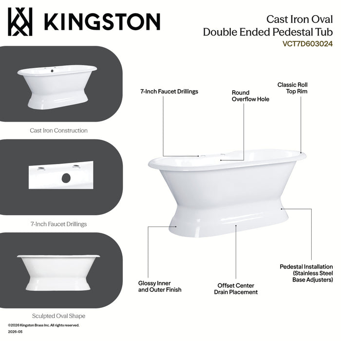 Kingston Heirloom VCT7D603024 - Aqua Eden 60-Inch Cast Iron Oval Double Ended Pedestal Tub (7-Inch Faucet Drillings), White