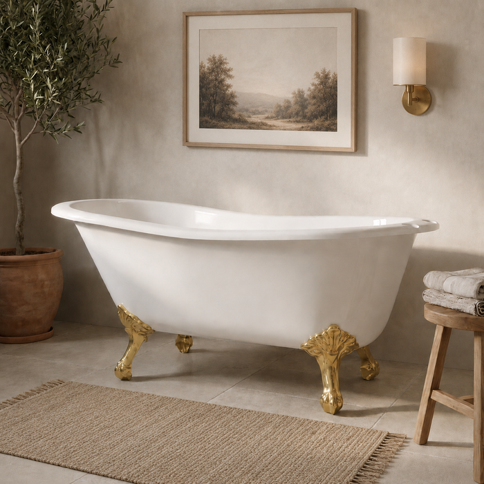 Kingston Heirloom VCT7D653129B7 - Aqua Eden 61-Inch Cast Iron Oval Single Slipper Clawfoot Tub (7-Inch Faucet Drillings), White/Brushed Brass