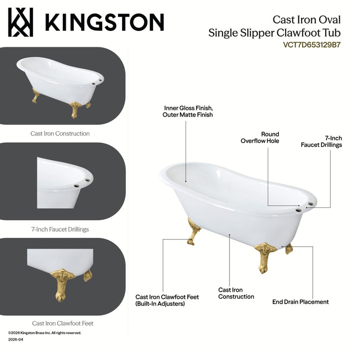 Kingston Heirloom VCT7D653129B7 - Aqua Eden 61-Inch Cast Iron Oval Single Slipper Clawfoot Tub (7-Inch Faucet Drillings), White/Brushed Brass