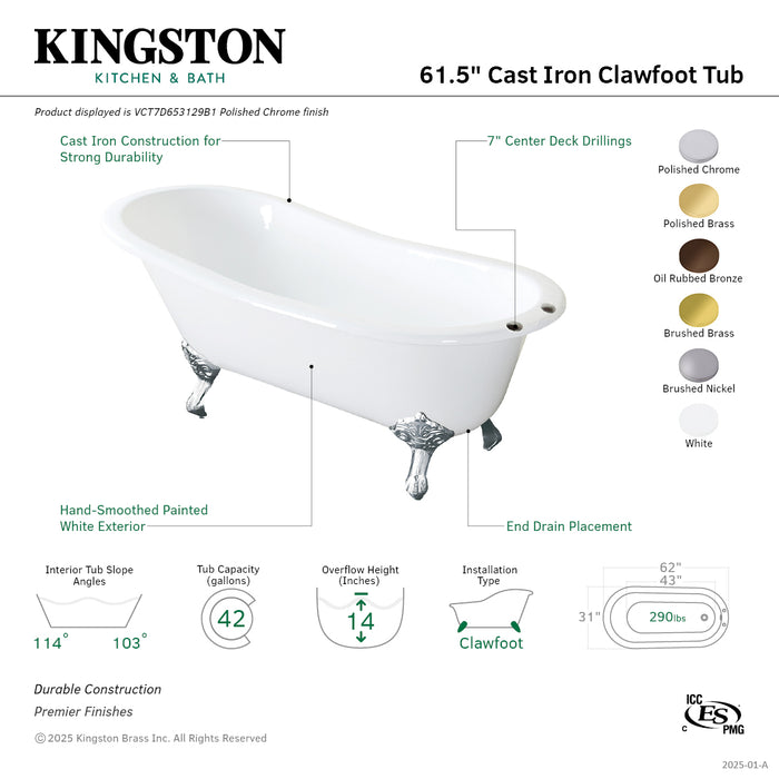 Kingston Heirloom VCT7D653129B7 - Aqua Eden 61-Inch Cast Iron Oval Single Slipper Clawfoot Tub (7-Inch Faucet Drillings), White/Brushed Brass