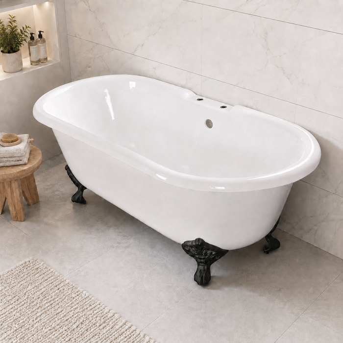 Kingston Heirloom VCT7D663013NB0 - Aqua Eden 66-Inch Cast Iron Oval Double Ended Clawfoot Tub (7-Inch Faucet Drillings), White/Matte Black