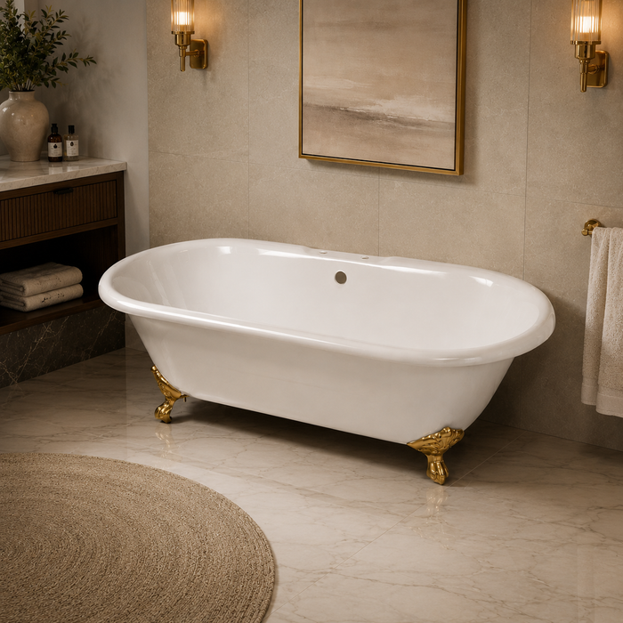 Kingston Heirloom VCT7D663013NB2 - Aqua Eden 66-Inch Cast Iron Oval Double Ended Clawfoot Tub (7-Inch Faucet Drillings), White/Polished Brass
