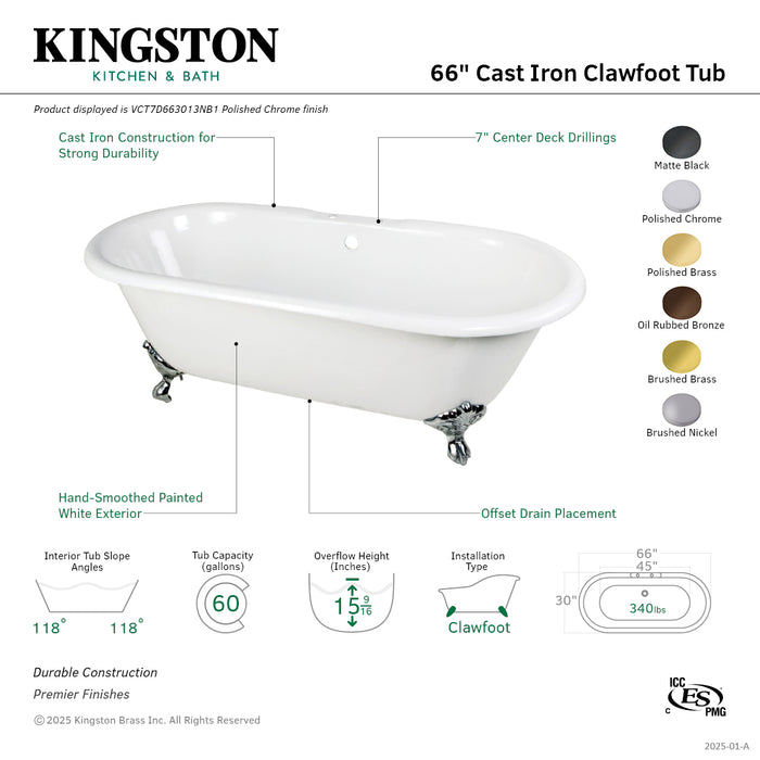 Kingston Heirloom VCT7D663013NB2 - Aqua Eden 66-Inch Cast Iron Oval Double Ended Clawfoot Tub (7-Inch Faucet Drillings), White/Polished Brass