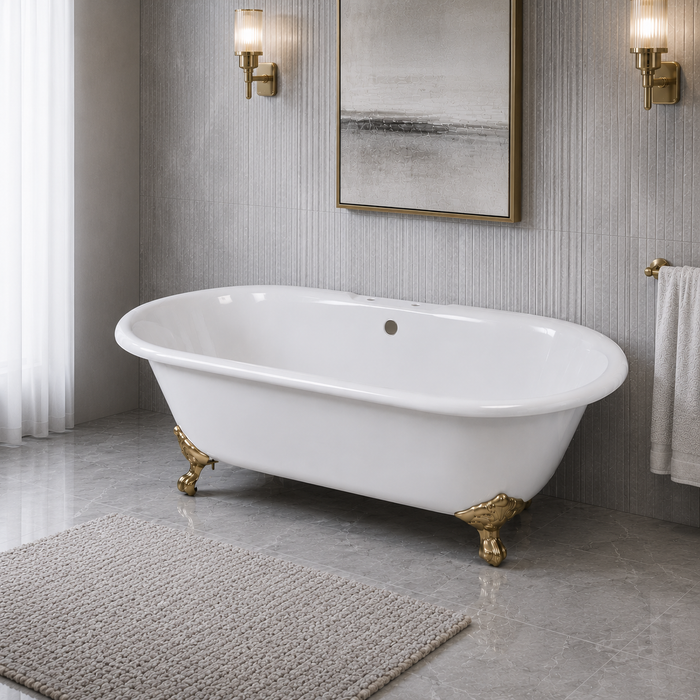 Kingston Heirloom VCT7D663013NB7 - Aqua Eden 66-Inch Cast Iron Oval Double Ended Clawfoot Tub (7-Inch Faucet Drillings), White/Brushed Brass