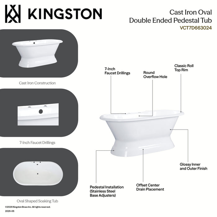 Kingston Heirloom VCT7D663024 - Aqua Eden 66-Inch Cast Iron Oval Double Ended Pedestal Tub (7-Inch Faucet Drillings), White