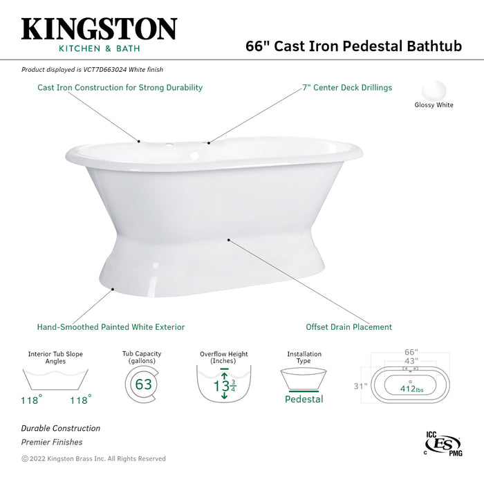 Kingston Heirloom VCT7D663024 - Aqua Eden 66-Inch Cast Iron Oval Double Ended Pedestal Tub (7-Inch Faucet Drillings), White