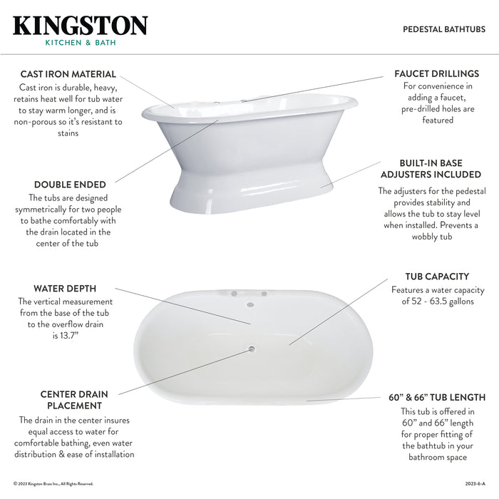 Kingston Heirloom VCT7D663024 - Aqua Eden 66-Inch Cast Iron Oval Double Ended Pedestal Tub (7-Inch Faucet Drillings), White