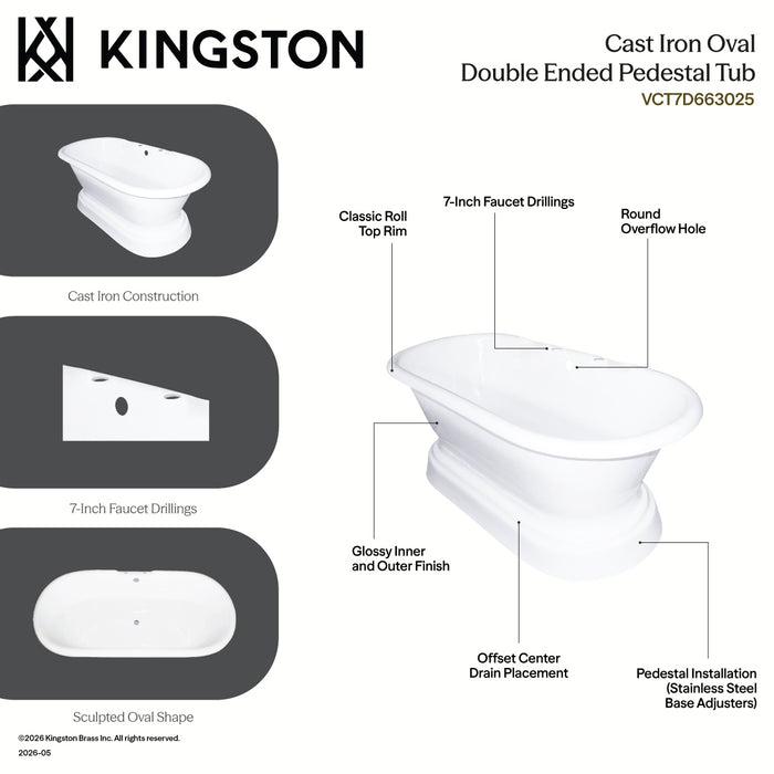 Kingston Heirloom VCT7D663025 - Aqua Eden 66-Inch Cast Iron Oval Double Ended Pedestal Tub (7-Inch Faucet Drillings), White