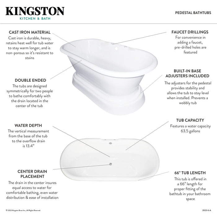 Kingston Heirloom VCT7D663025 - Aqua Eden 66-Inch Cast Iron Oval Double Ended Pedestal Tub (7-Inch Faucet Drillings), White