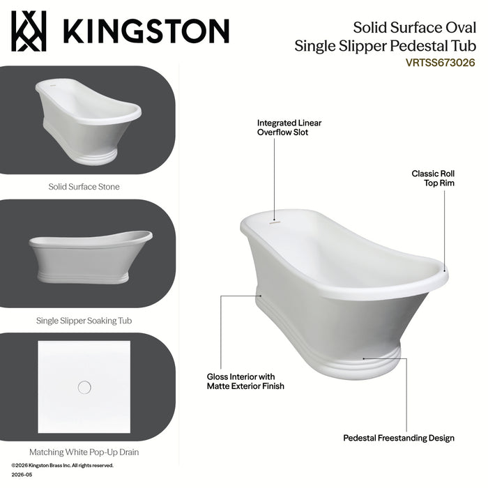 Kingston Heirloom VCT7D663028 - Aqua Eden 66-Inch Cast Iron D-Shaped Single Slipper Pedestal Tub (7-Inch Faucet Drillings), White