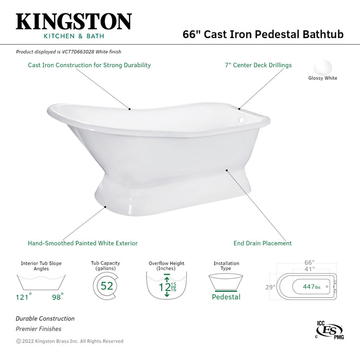Kingston Heirloom VCT7D663028 - Aqua Eden 66-Inch Cast Iron D-Shaped Single Slipper Pedestal Tub (7-Inch Faucet Drillings), White