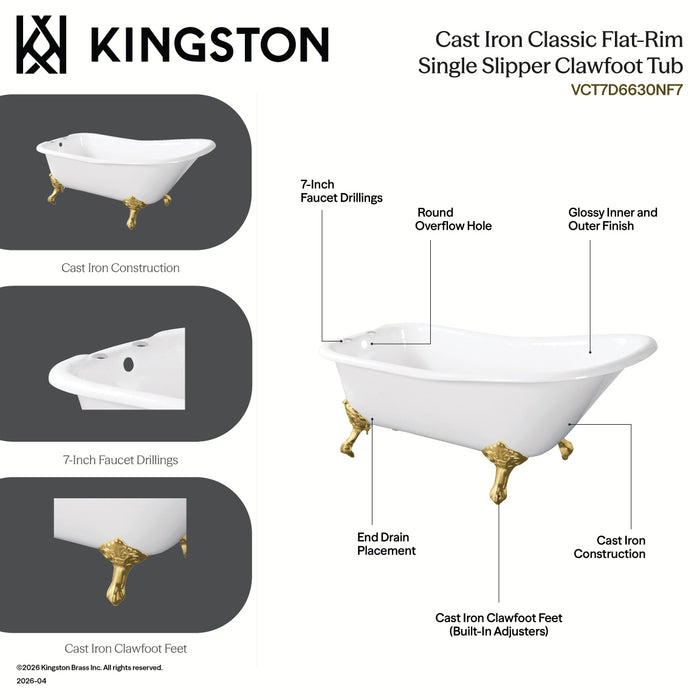 Kingston Heirloom VCT7D6630NF0 - Aqua Eden 67-Inch Cast Iron Classic Flat-Rim Single Slipper Clawfoot Tub (7-Inch Faucet Drillings), White/Matte Black