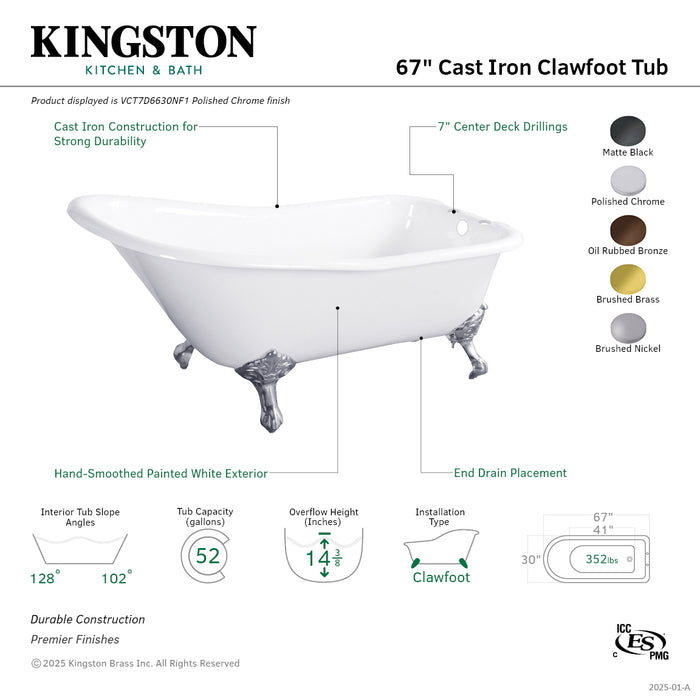 Kingston Heirloom VCT7D6630NF0 - Aqua Eden 67-Inch Cast Iron Classic Flat-Rim Single Slipper Clawfoot Tub (7-Inch Faucet Drillings), White/Matte Black