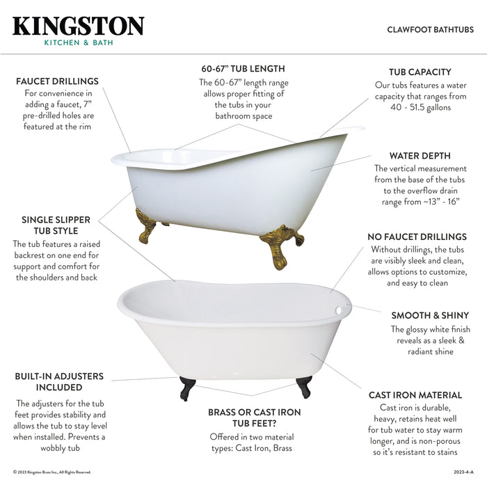 Kingston Heirloom VCT7D6630NF5 - Aqua Eden 67-Inch Cast Iron Classic Flat-Rim Single Slipper Clawfoot Tub (7-Inch Faucet Drillings), White/Oil Rubbed Bronze