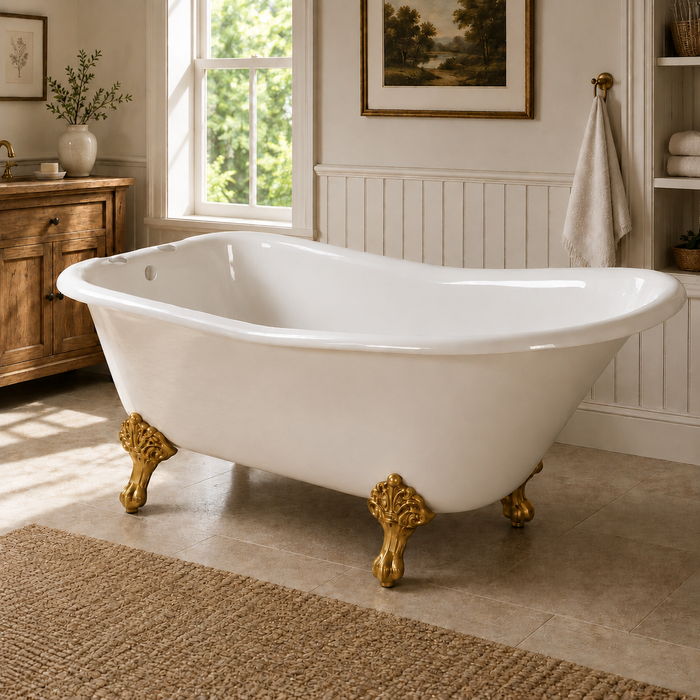Kingston Heirloom VCT7D6630NF7 - Aqua Eden 67-Inch Cast Iron Classic Flat-Rim Single Slipper Clawfoot Tub (7-Inch Faucet Drillings), White/Brushed Brass