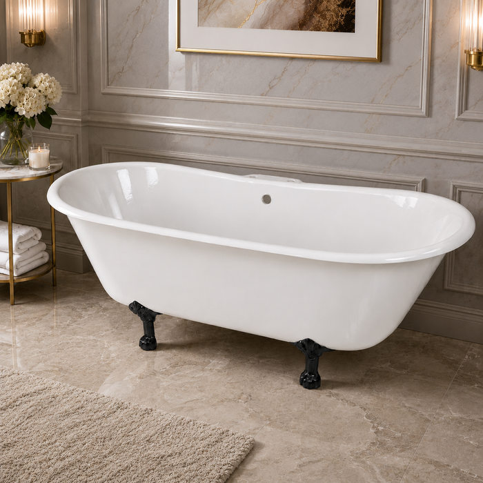 Kingston Heirloom VCT7D6728NH0 - Aqua Eden 67-Inch Cast Iron Oval Double Slipper Clawfoot Tub (7-Inch Faucet Drillings), White/Matte Black