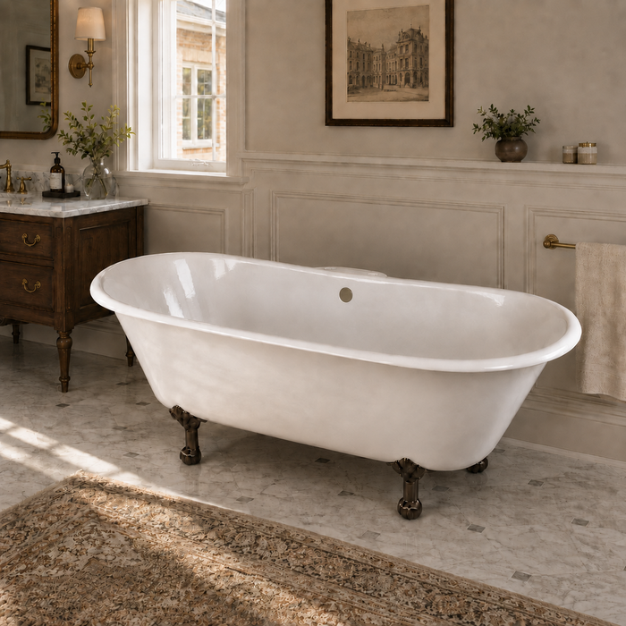Kingston Heirloom VCT7D6728NH5 - Aqua Eden 67-Inch Cast Iron Oval Double Slipper Clawfoot Tub (7-Inch Faucet Drillings), White/Oil Rubbed Bronze