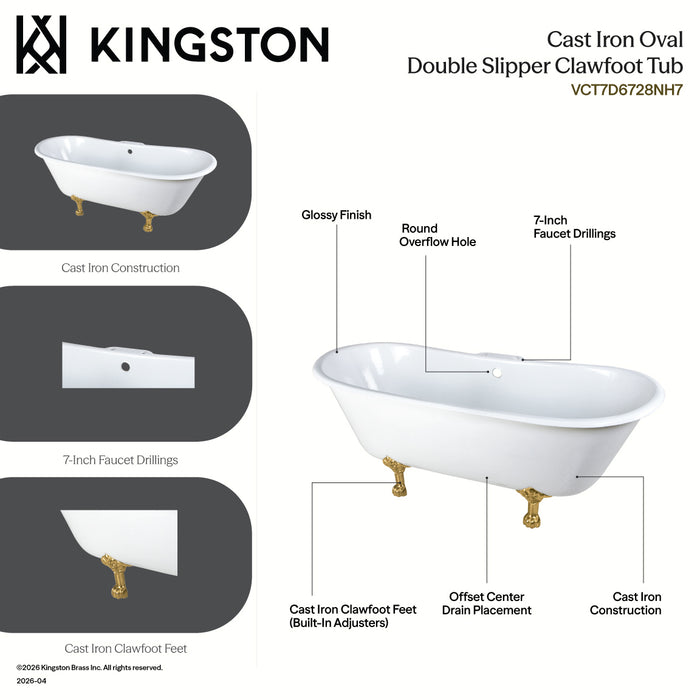 Kingston Heirloom VCT7D6728NH7 - Aqua Eden 67-Inch Cast Iron Oval Double Slipper Clawfoot Tub (7-Inch Faucet Drillings), White/Brushed Brass