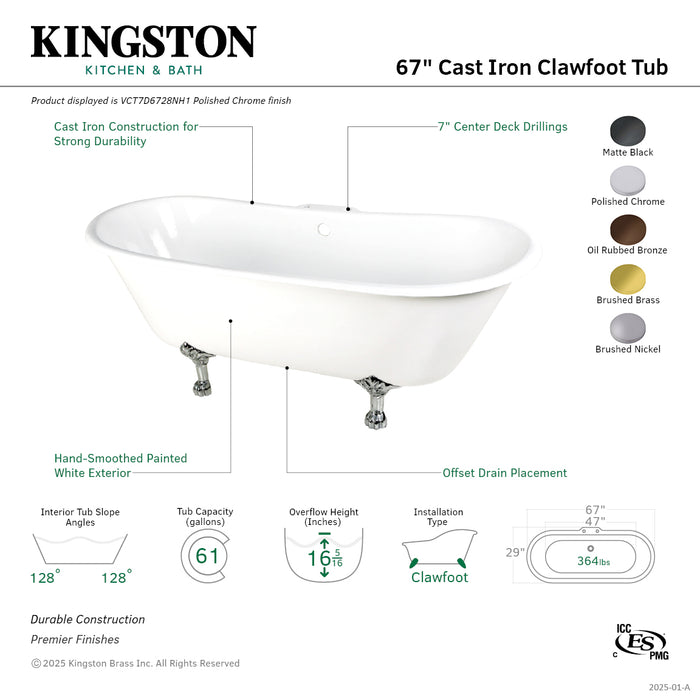 Kingston Heirloom VCT7D6728NH7 - Aqua Eden 67-Inch Cast Iron Oval Double Slipper Clawfoot Tub (7-Inch Faucet Drillings), White/Brushed Brass