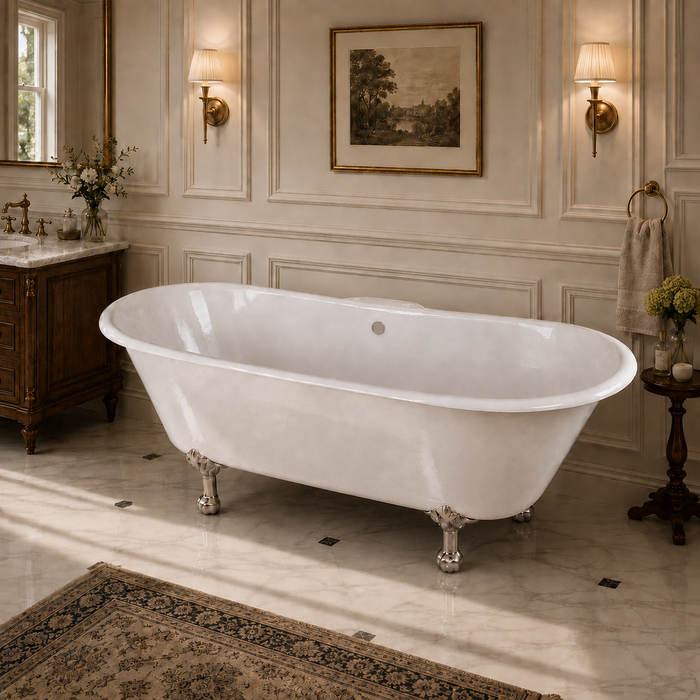 Kingston Heirloom VCT7D6728NH8 - Aqua Eden 67-Inch Cast Iron Oval Double Slipper Clawfoot Tub (7-Inch Faucet Drillings), White/Brushed Nickel