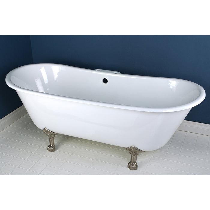 Kingston Heirloom VCT7D6728NH8 - Aqua Eden 67-Inch Cast Iron Oval Double Slipper Clawfoot Tub (7-Inch Faucet Drillings), White/Brushed Nickel