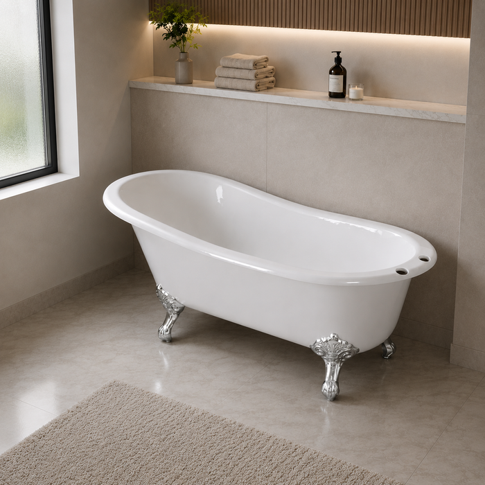 Kingston Heirloom VCT7D673122ZB1 - Aqua Eden 67-Inch Cast Iron Oval Single Slipper Clawfoot Tub (7-Inch Faucet Drillings), White/Polished Chrome