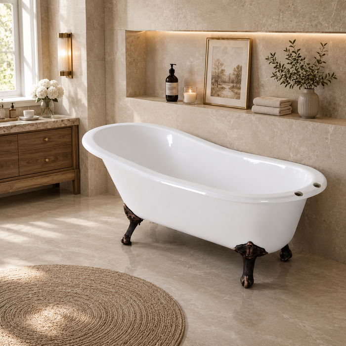 Kingston Heirloom VCT7D673122ZB5 - Aqua Eden 67-Inch Cast Iron Oval Single Slipper Clawfoot Tub (7-Inch Faucet Drillings), White/Oil Rubbed Bronze