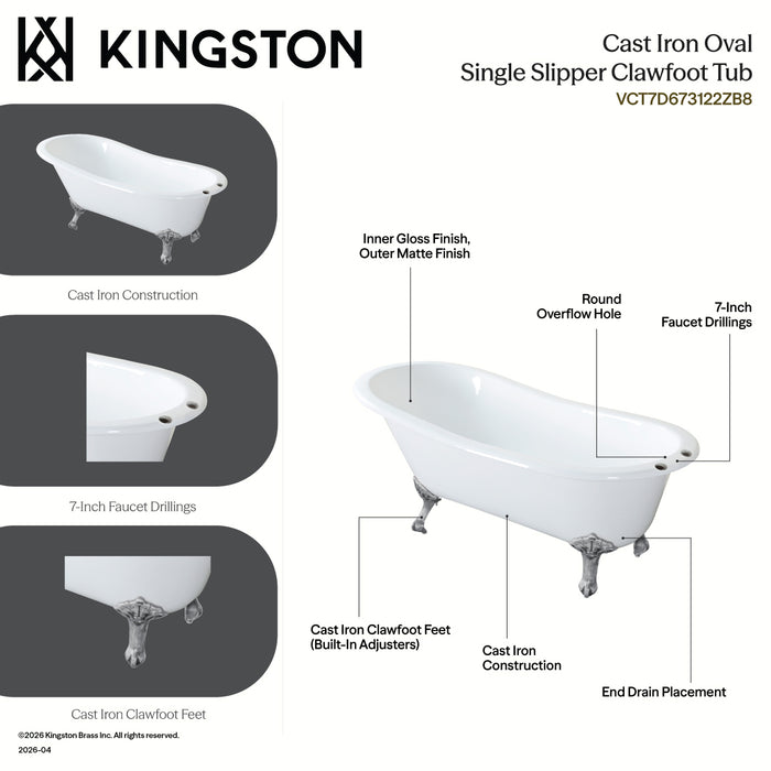 Kingston Heirloom VCT7D673122ZB5 - Aqua Eden 67-Inch Cast Iron Oval Single Slipper Clawfoot Tub (7-Inch Faucet Drillings), White/Oil Rubbed Bronze