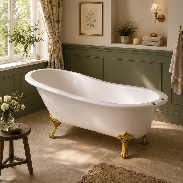 Kingston Heirloom VCT7D673122ZB7 - Aqua Eden 67-Inch Cast Iron Oval Single Slipper Clawfoot Tub (7-Inch Faucet Drillings), White/Brushed Brass