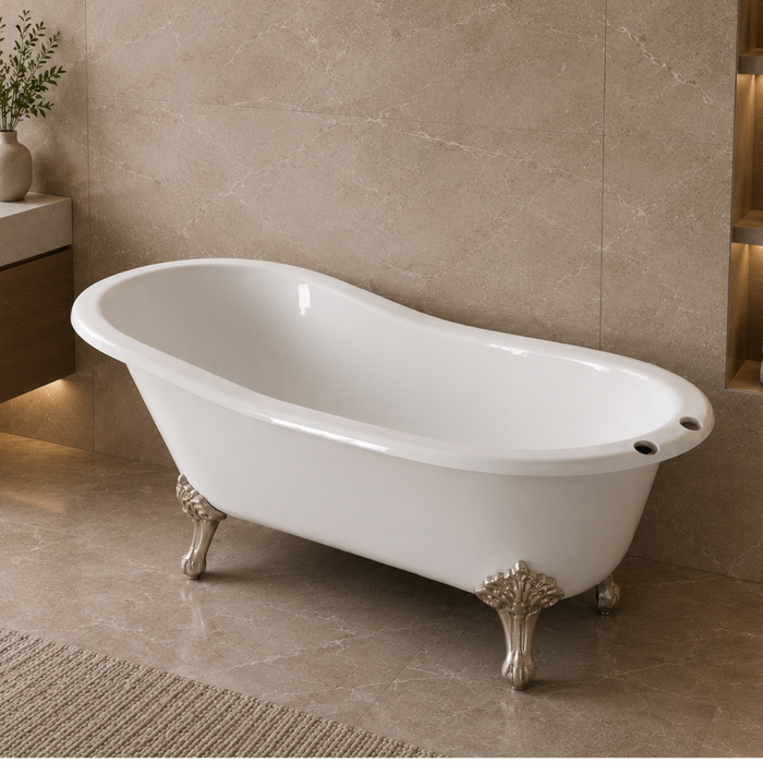 Kingston Heirloom VCT7D673122ZB8 - Aqua Eden 67-Inch Cast Iron Oval Single Slipper Clawfoot Tub (7-Inch Faucet Drillings), White/Brushed Nickel