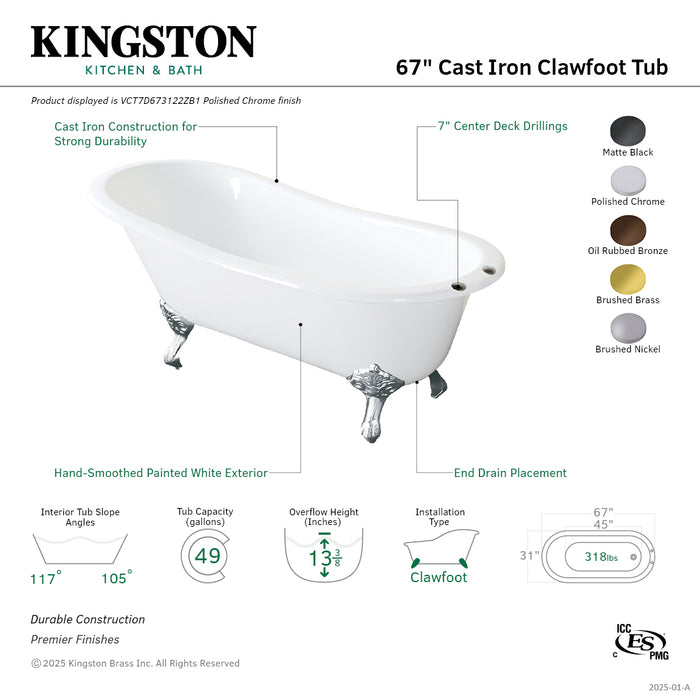 Kingston Heirloom VCT7D673122ZB8 - Aqua Eden 67-Inch Cast Iron Oval Single Slipper Clawfoot Tub (7-Inch Faucet Drillings), White/Brushed Nickel