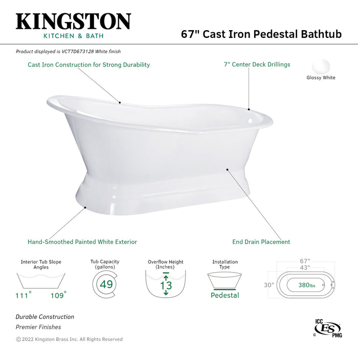 Aqua Eden VCT7D673128 67-Inch Cast Iron Oval Single Slipper Pedestal Tub (7-Inch Faucet Drillings), White