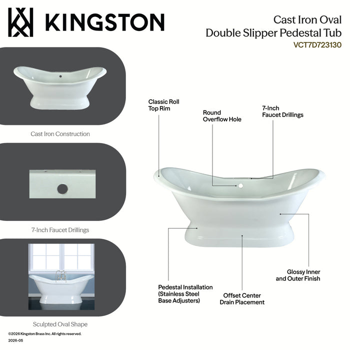 Kingston Heirloom VCT7D723130 - Aqua Eden 72-Inch Cast Iron Oval Double Slipper Pedestal Tub (7-Inch Faucet Drillings), White